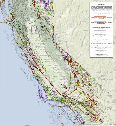 Detailed california fault lines map. The map spatial database and associated viewing software are provided. Elements of the map, such as individual fault surfaces, are also provided in a non-proprietary format so that the user can access the map via open-source software. The sheet accompanying this manuscript shows views taken from the 3D geologic map for the user to access. 