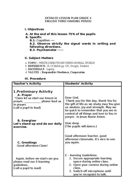 Detailed lesson plan grade 5 4th quarter.  ENGLISH GRA PRE-SERVICE TEA...