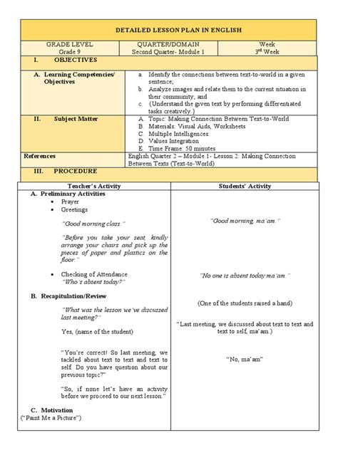 Detailed lesson plan in english.  Sample Detailed Lesson Plan in English 6 for Teaching D...