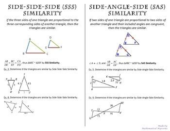 Note: Simplify radicals and leave answers in terms of π. Round to the nearest hundredth, when appropriate. 4. In the attached, determine whether the triangles are similar by " Angle -Angle" (AA), "Side-Side-Side" (SSS), or "Side-Angle-Side" (SAS). If they are similar, complete the similarity statement and circle the reason why.. 