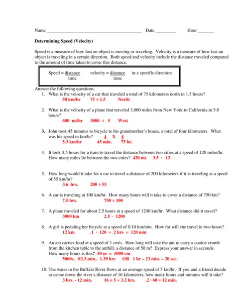 Determining Speed Velocity Worksheet Answers