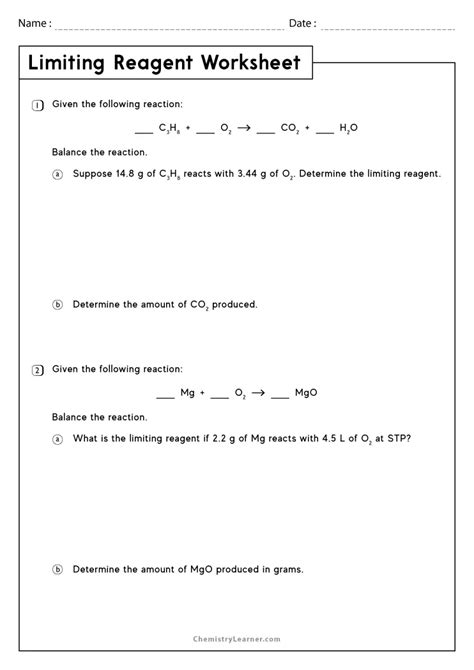 Determining The Limiting Reactant Worksheet