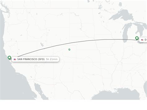 Detroit to san francisco. The calculation of flight time is based on the straight line distance from Detroit, MI to San Francisco, CA ("as the crow flies"), which is about 2,092 miles or 3 367 kilometers. Your trip begins in Detroit, Michigan. It ends in San Francisco, California. Your flight direction from Detroit, MI to San Francisco, CA is West (-85 degrees from North). 