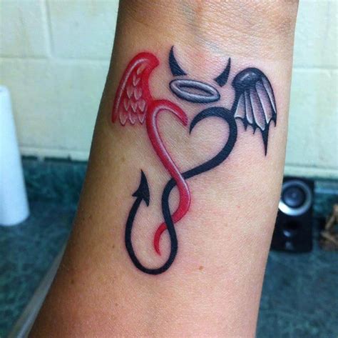 Devil or angel tattoos. Devil tattoos may symbolize rebellion, chaos, or temptation, while angel tattoos represent hope, guidance, and protection. Wing Tattoos: Wing tattoos feature wings without any spiritual context. They are primarily used for aesthetic purposes and can represent freedom, liberty, or spirituality. 