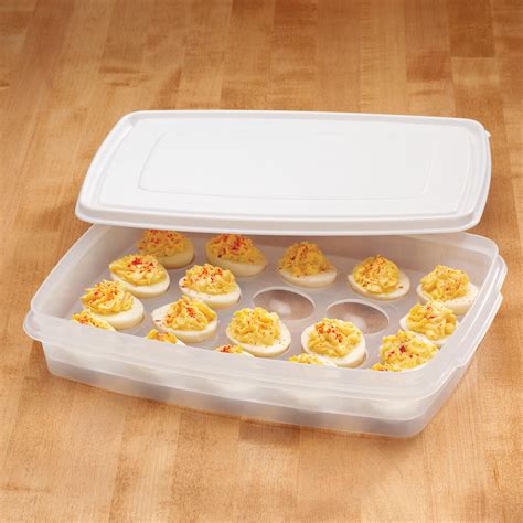 Deviled egg containers with lid. Creative Round Egg Container - Originally designed by HANSGO, a professional kitchen & tableware products company, unique round shape, large capacity, space-saving, holding up to 22 eggs, about 2.5" between the lid and bottom, high enough for all kinds of eggs or deviled eggs. 