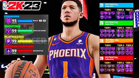 Devin Booker's full details including attributes, animations, tendencies, coach boosts, upgradable badges, evolutions (stats and badge upgrades), dynamic duos, and comments. 2K23. Players Cards Drafts Lineups Agendas Updates. Devin Booker. 99 OVR. Playoffs Phoenix Suns. Devin Booker 99 OVR. Playoffs Phoenix Suns. Offense 99.