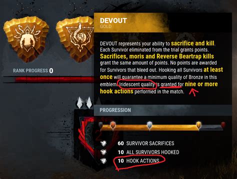 The Devout Emblem defines a killer's effectiveness in catching and sacrificing survivors. The score in this category is affected by each survivor sacrificed or killed. However, you must keep in mind that in order to get the highest possible score, you must hang your victims on the hook a certain number of times.. 