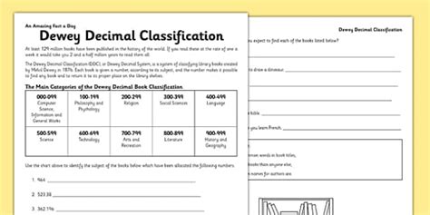 Dewey Decimal Code Worksheet Worksheet