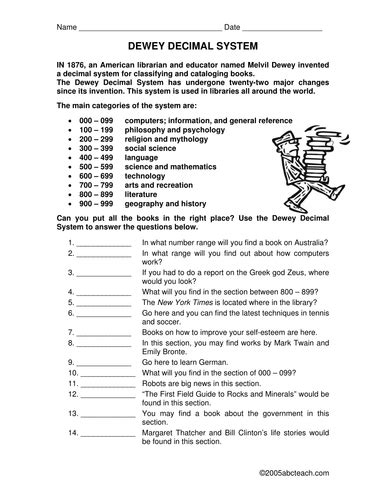 Dewey Decimal System Worksheets Library Skills Dewey Decimal System Library Lessons
