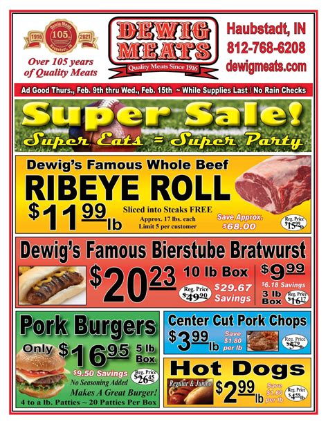 Save Time. Enjoy High Quality Meats! Shopping our weekly meat specials can be a great way to save money on your grocery bill. ... Weekly Specials Through 5/19/24. Lean Ground Beef, 5 lb. bag - $3.89/lb. Best Burger in the World Seasoning, 7 oz. bottle - $4.99 each;