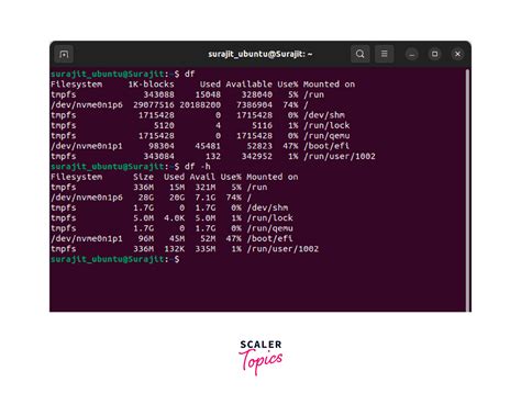 Df command in linux.  It provides information about total space, used space, Expl...
