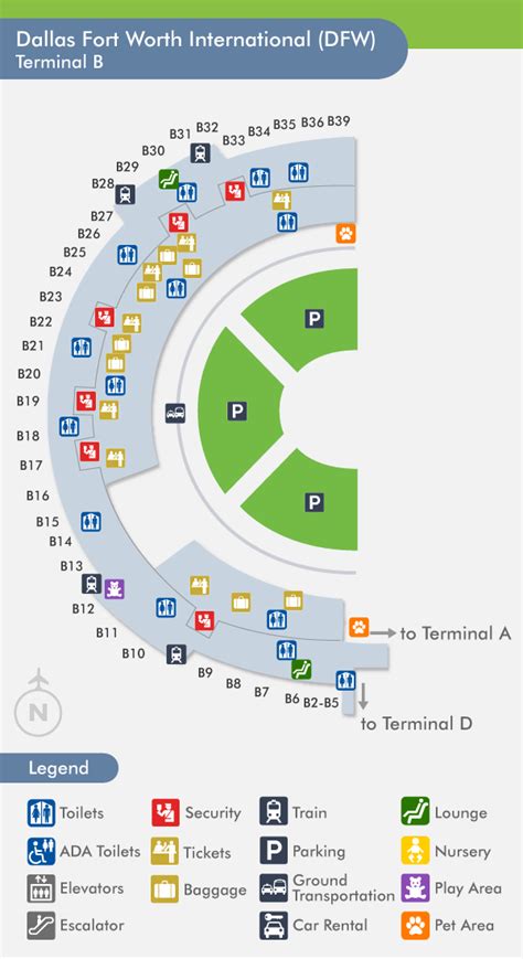 Dfw airport map terminal b. Enter the Airport from State Highway 183 on the south, or State Highway 114 or Interstate 635 on the north. The Airport has one main road, International Parkway, which runs the length of the Airport, north to south. All terminals, parking areas and on-site hotels are accessible from this road. 