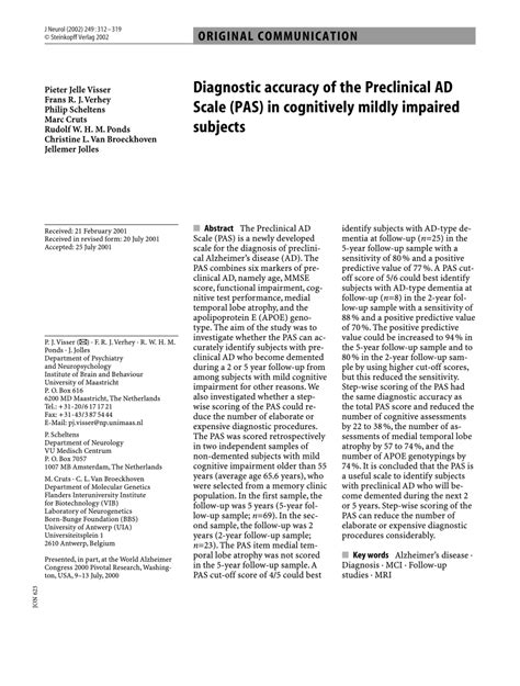 Diagnostic accuracy of the Preclinical AD Scale (PAS) in ... - PubMed