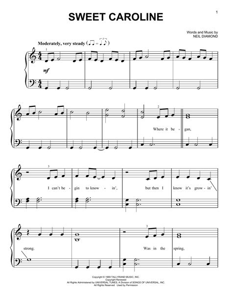 Diamond Sweet Caroline, (beginner) sheet music for piano solo Trumpet