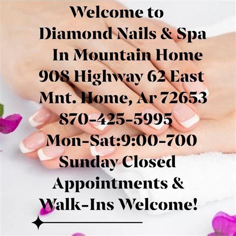 Diamond nails mountain home arkansas. Get directions to VIP Nails Salon. 1310 Eastside Center Ct Ste. 3, Mountain Home, AR 72653. Mon-Fri. 9:00 AM - 7:00 PM. Sat. 