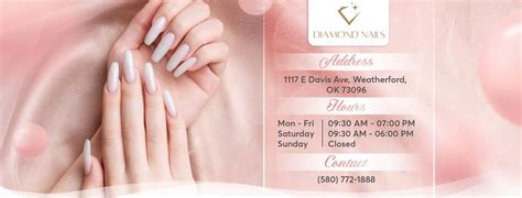 Diamond nails weatherford ok. Diamond Nails And Spa is located at 1117 E Davis Ave, Weatherford, OK 73096. Diamond Nails And Spa can be contacted at (580) 772-1888. Get Diamond Nails And Spa reviews, ratings, business hours, phone numbers, and directions. Search the Chamber Directory of over 30 Million Businesses Nationwide! 