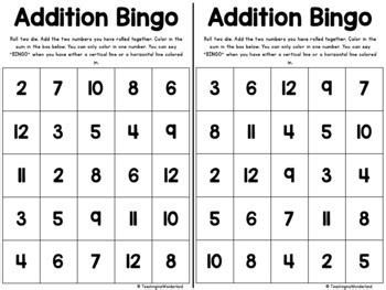Dice Addition And Subtraction Bingo Cards Math Made Fun Series