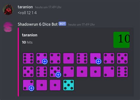 A dice rolling bot with slash commands, the ability to roll up to 1000 dice with up to 1000 sides, draw playing cards, tarot cards, and flip coins! How To Use Dyson! Start with /dyson for a general idea of how to use Dyson. This command lists all of Dyson's commands, and has buttons that roll the most common polyhedral dice. Roll Dice! 🎲. 