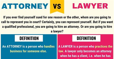 Difference between attorney and lawyer. May 24, 2023 ... This word has Middle English origins, and it describes someone skilled in the art of law and with a relevant background. Lawyers usually ... 