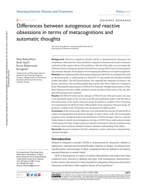 Differences between autogenous and reactive obsessions in.