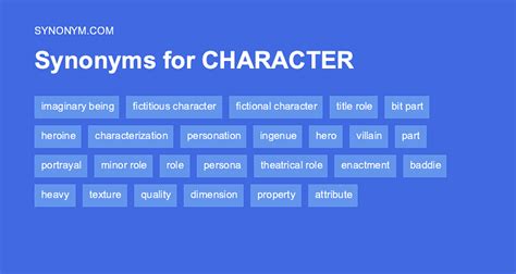 Different word for character. Synonyms for character in Free Thesaurus. Antonyms for character. 135 synonyms for character: personality, nature, make-up, cast, constitution, bent, attributes ... 