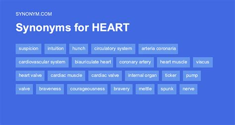 Synonyms for HEART: ticker, vital-organ, vascular organ, blood pump, cardiac organ, artificial heart, pump, pacemaker; Antonyms for HEART: head, edge, outside .... 