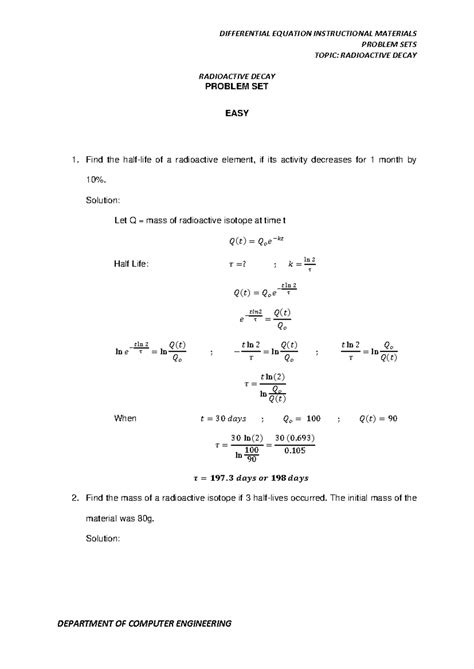 Differential Equation Radioactive Decay Problem SET PROBLEM SETS