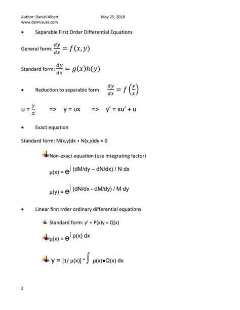 Differential Equation Study Guide For Exam Formula Sheet