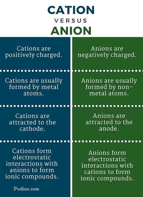 Differentiate between cation and anion in tabular form 10801107