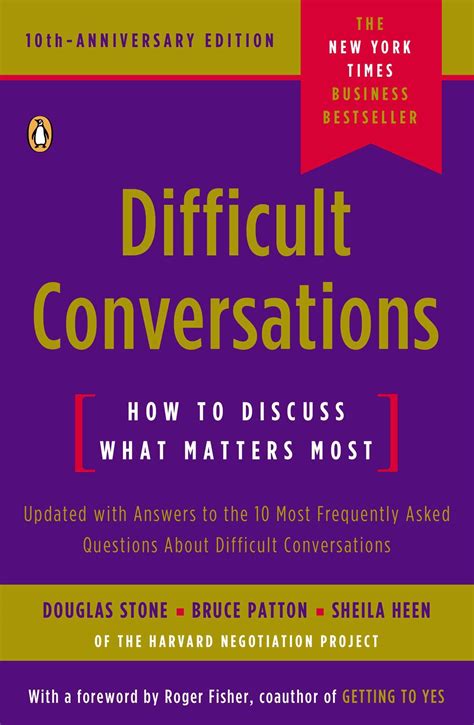 The 10th-anniversary edition of the New York Times business bestseller-now updated with "Answers to Ten Questions People Ask" We attempt or avoid difficult conversations every day-whether dealing with an underperforming employee, disagreeing with a spouse, or negotiating with a client. From the Harvard Negotiation Project, the …. 