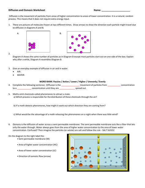Diffusion and Osmosis Worksheet 1. How are the molecules moving in the examples below? Write OSMOSIS or DIFFUSION. a) The student sitting next to you just came from gym class and forgot to shower and you can tell. D b) After sitting in the bathtub for hours, your fingers start to look like prunes. O. 