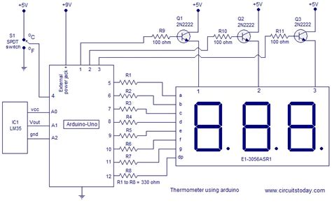 Digital thermometer using arduino. Celsius and Fahrenheit scales. Three