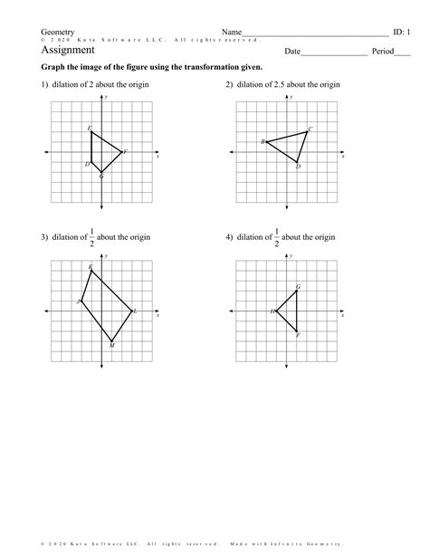 Types of Dilation Sheet 1 - Math Worksheets 4 Kids. Printable Math Worksheets @ www.mathworksheets4kids.com Name : Types of Dilation Sheet 1. A) State whether a dilation with the given scale factor is an enlargement or a reduction. B) Figure A is a dilated image of gure B. Identify the type of dilation. (reduction or enlargement) .