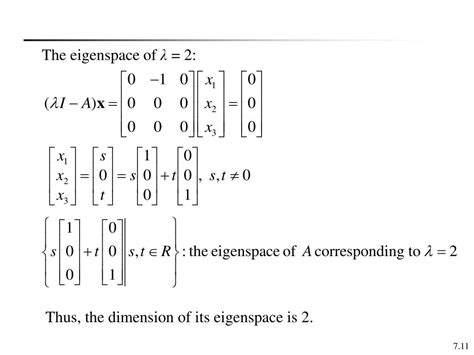 Dimension of an eigenspace. The dimension of an eigenspace of a symmetric matrix equals the multiplicity of the corresponding eigenvalue. Solution. Verified. Step 1. 1 of 5. a. True, see theorem 2. Step 2. 2 of 5. b. True, see proof right before theorem 2. Step 3. 3 of 5. 