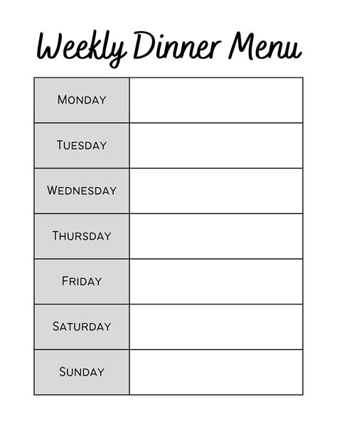 Dinner Menu For The Week Template