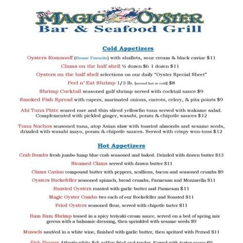 Dinner Menu Magic Oyster Bar & Seafood Grill