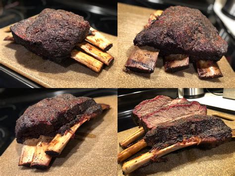Dino beef ribs. Smoking beef short rib plates. Place the ribs bone side down on the grate. Periodically spritz the ribs with either apple juice, vinegar or whatever you prefer, after the bark is starting to set up on the ribs. Usually this is at least a couple hours into the smoking process. I use apple cider vinegar personally. 