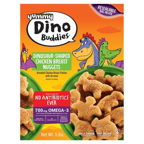Dino nuggets costco. Dino Buddies Chicken Nuggets. Fully-cooked, dinosaur-shaped chicken breast patties with rib meat. Made with white meat only. 700 mcg of Omega-3. No artificial ingredients. Frozen. Cooking Directions: Warning: Do not defrost. Heat this product from the frozen state. Since appliances may vary in power, these instructions are guidelines only. 