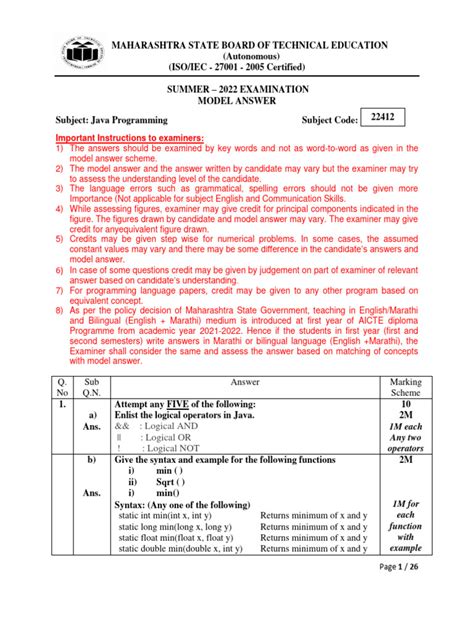 Diploma Java Model Paper