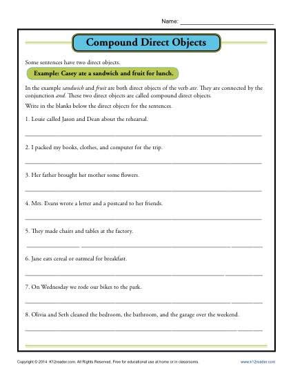 Direct and Indirect Object Worksheets Compound Direct Objects