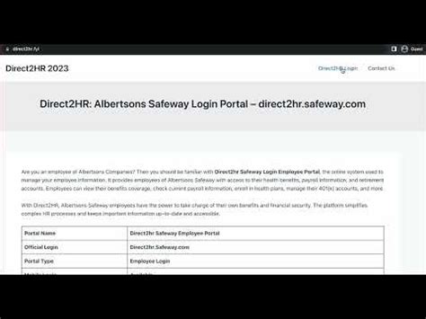 In this video, we will see the step-by-step process to access your Safeway Direct2hr employee portal login in a straightforward way. All the employees of Alb...
