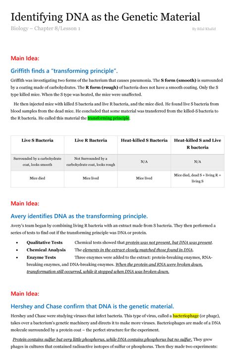 Directed Identifying The Genetic Material Answer Key