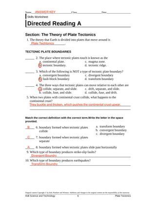 Directed Theory Plate Tectonics Answers