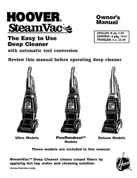 Hoover FH50030 - SteamVac Carpet Cleaner Owner's Manual (34 pages) Quick & Light Carpet Cleaner. Brand: Hoover | Category: Vacuum Cleaner | Size: 4.84 MB. Table of Contents.. 
