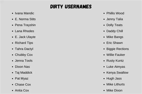 Dirty username ideas. Funny Usernames Ideas. Here is the list of funny usernames ideas: The Sniffer; Stinky Pete; Crazy Legs; Benny Nana; Legs On Kegs; Dirty Harry; Kiss My Axe; Sour Diesel; Fatso Kid; Call Me Maybe; Deez Peez; Pooped My Pants; Lose Control; SnoopD; Dee Dawg; Dont Be A Snoop; Forever Bored; Burning Desire; Insecure Butter; Chocolate Blunder; The Ink ... 