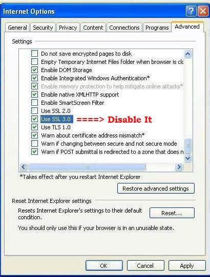 Disable sslv3 apache.  Older versions of Internet Explorer may not have the TLS p...