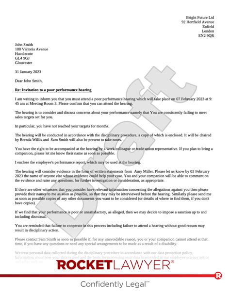 Disciplinary Hearing Letter For Poor Performance UK Template