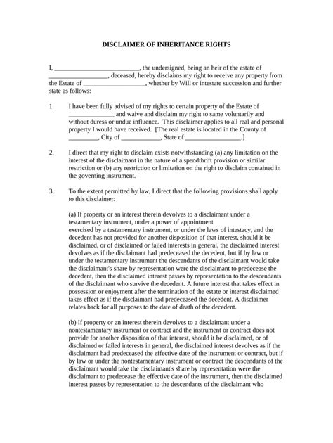 Disclaimer of Right to Inherit or Inheritance Disclaimer Of