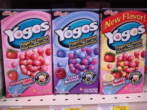 Discontinued snacks from the 2000s. General Mills began reformulating its Scooby-Doo fruit snacks in 2015 after removing all artificial flavors and colors from its wide range of fruity products. Yogos were a snack made by Kellogg’s that looked like a fruity treat. Yogos was discontinued in the early 2000s due to a variety of health issues. 