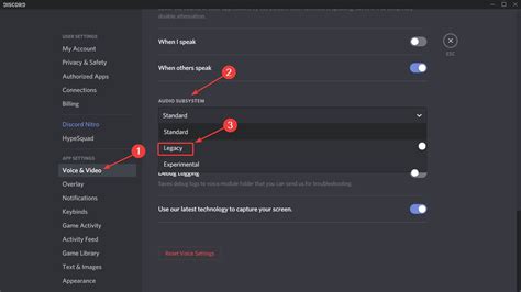 Launch Discord and click on Settings. Choose Voice & Video from the sidebar. The Audio Subsystem dropdown menu is set to Standard if you scroll down. Change it to Legacy mode. When the Change Audio Subsystem box displays, click Okay. You can also activate Discord’s legacy mode to resolve crashes that occur while …. 